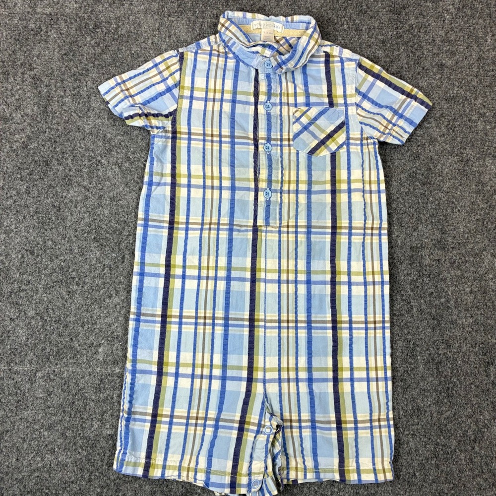 Pottery Barn Kids Blue Green Plaid Cotton Romper 18-24 Months 9S-L42